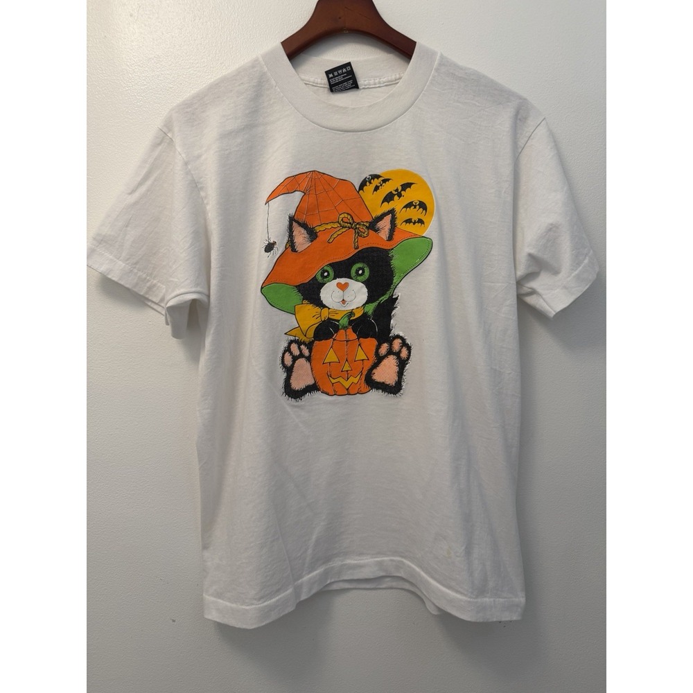 VTG Fruit Of Loom Halloween Black Cat Pumpkin White T Shirt Adult Large USA Made